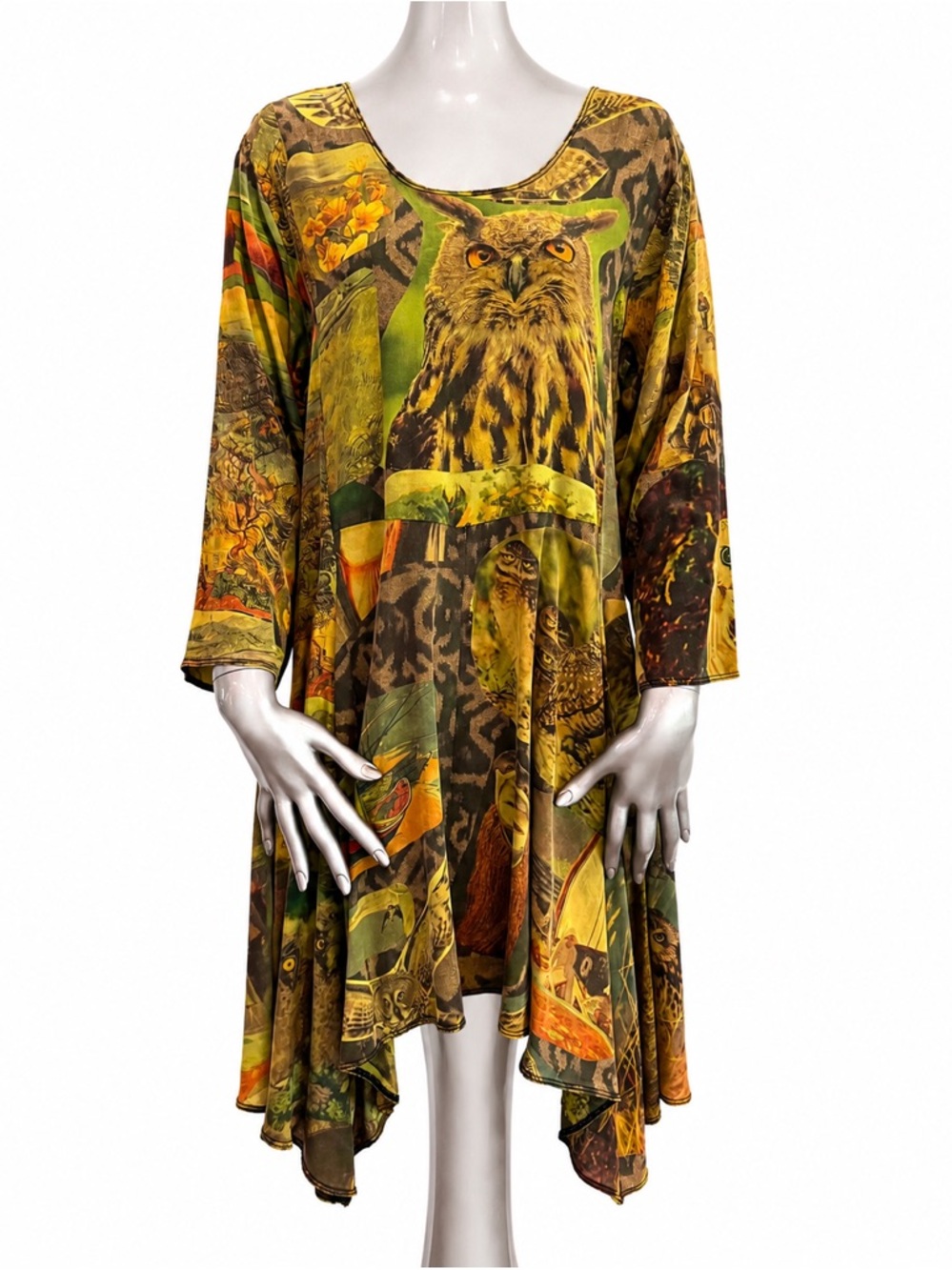 URU NWT 100% Silk Owl Print Handkerchief Hem Tunic Dress XL Made in USA
